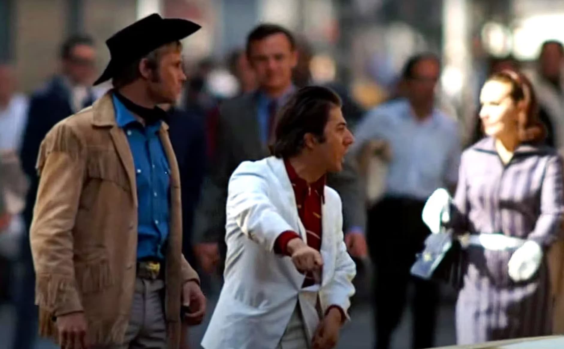 “Midnight Cowboy (1969)- The infamous scene where Dustin Hoffman yells ‘I’m walking here!’ To a cabbie as he and Jon Voight are crossing the street.”